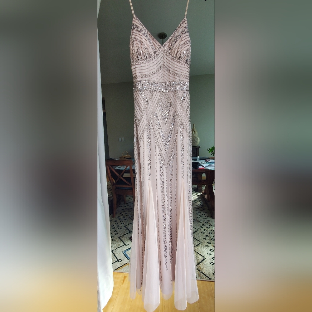 Marina V Neck Champagne Beaded Gown., NWT, Size 4